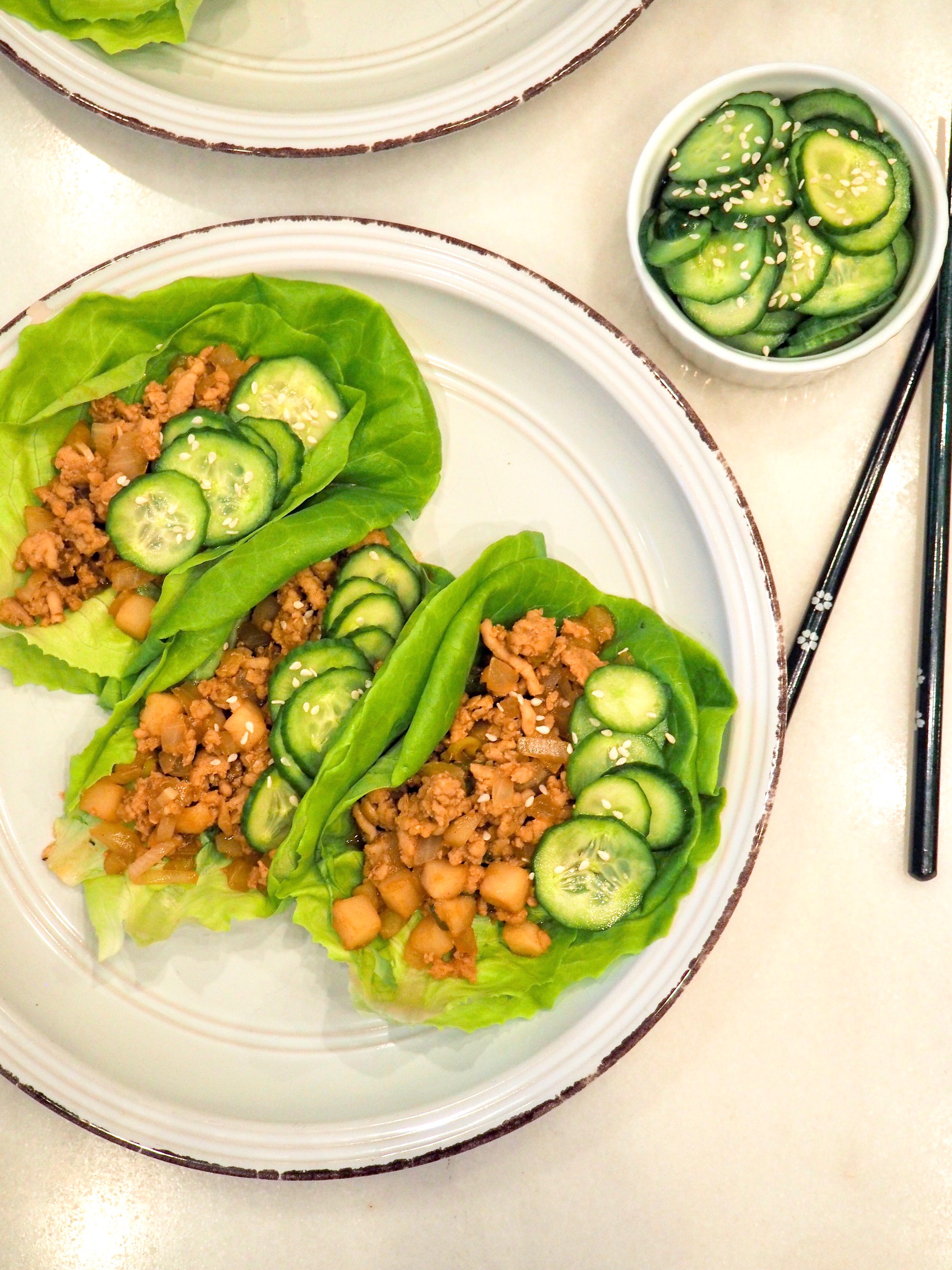 Chicken Lettuce Wraps with Cucumber Salad
