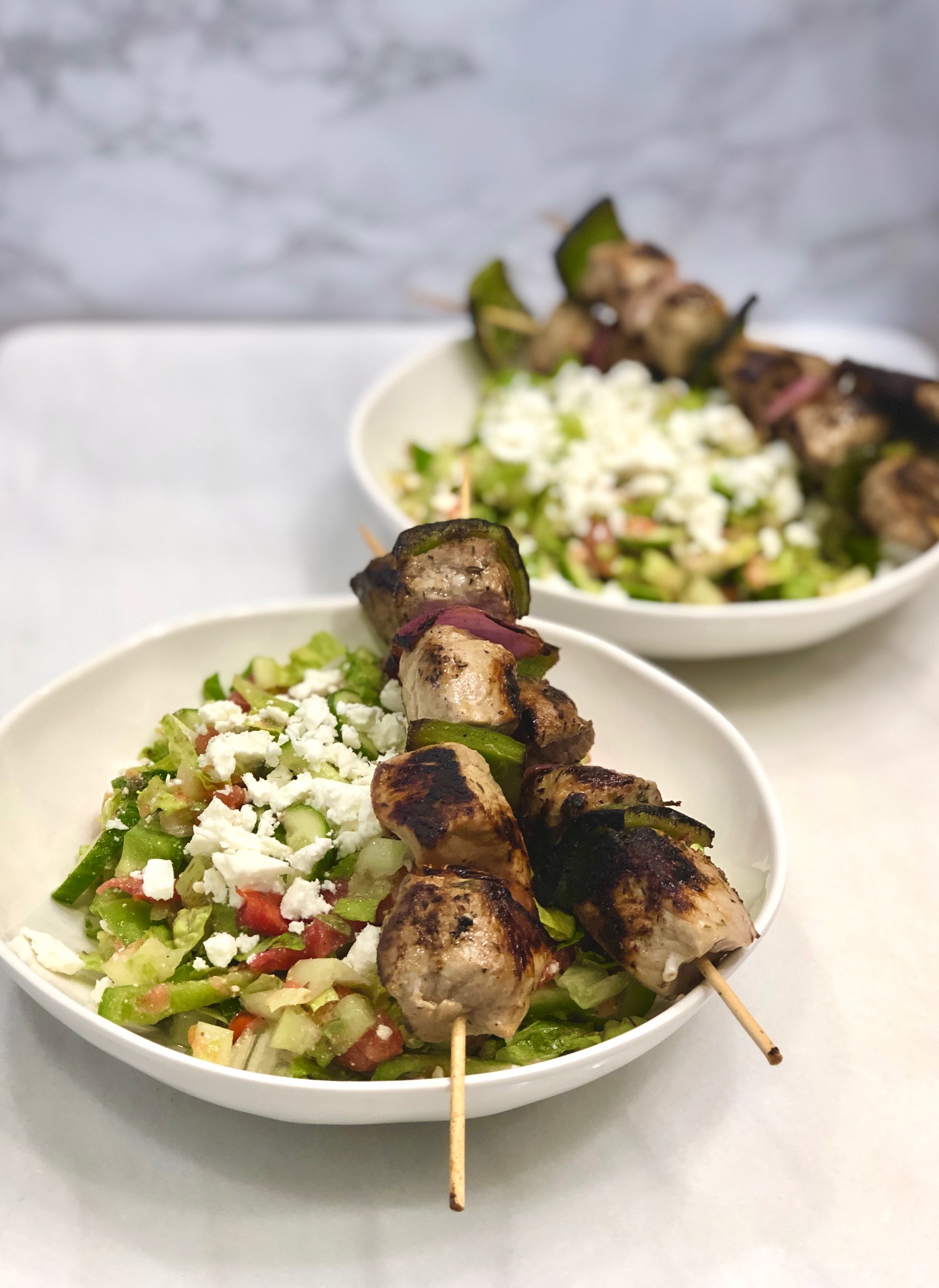 Greek Salad with Pork Kebabs