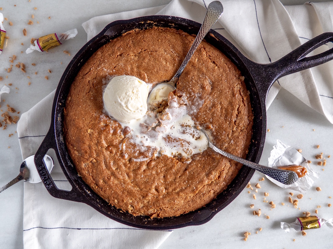 Brown Butter Toffee Caramel Skillet Cookie